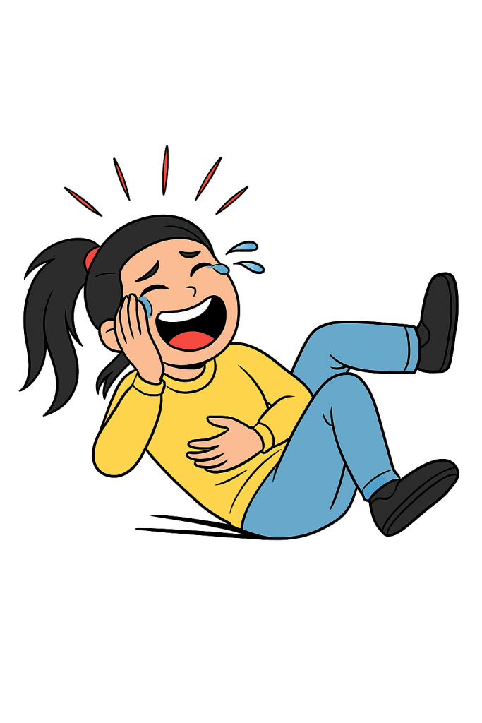 An Asian girl rolling on the floor, laughing