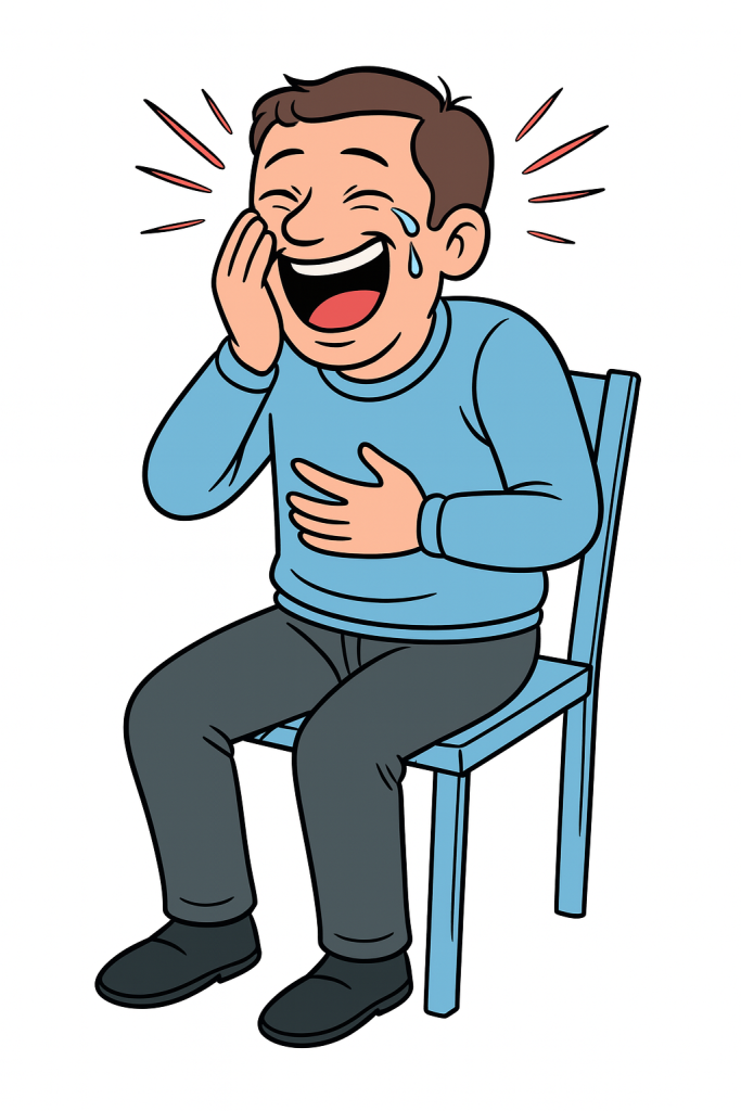 A man, sitting on a chair, bursting into uncontrollable laughter